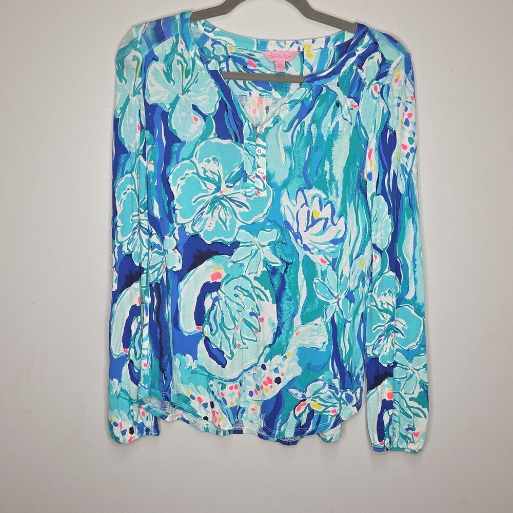 Lilly Pulitzer Lilias Tunic Top Brilliant Blue Aquatic Garden Smocked Blouse XXS